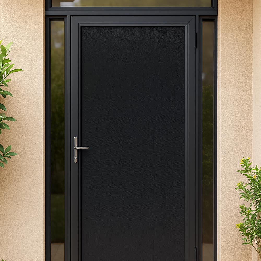 Front view of a modern black security door installed by Thomo's Home Improvements in Canberra