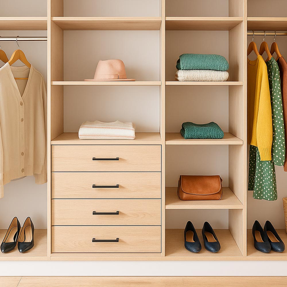Custom-built wardrobe with shelving, drawers, and hanging space by Thomo's Home Improvements