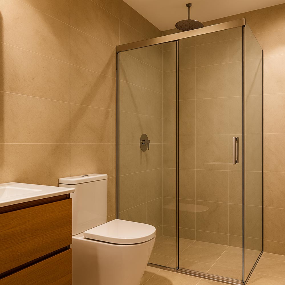 Glass shower screen with chrome fittings by Thomo's Home Improvements Canberra